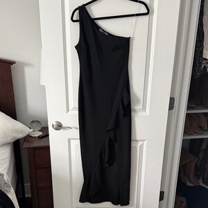 One-Shoulder Black Ruffle Midi Dress